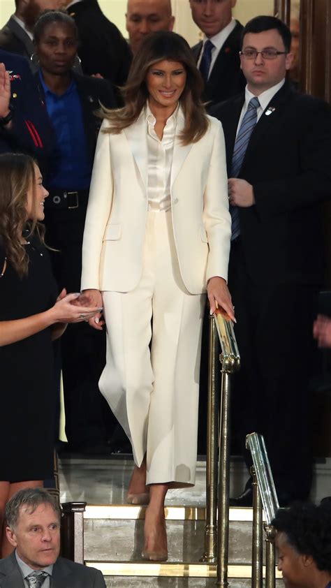 white christian dior pantsuit worn by melania|The State of Their Union: Why Melania Trump Wore White.